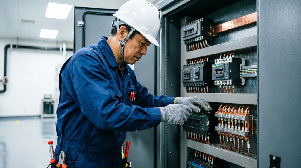 Técnico de Nevasa Consulting realizando mantenimiento en tablero eléctrico